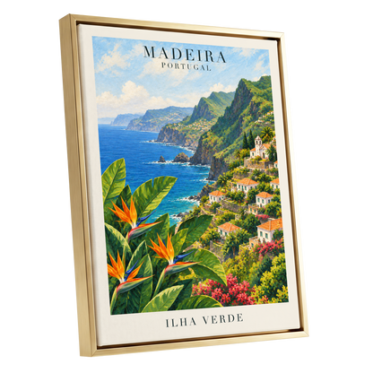 Madeira in Bloom, green, blue, orange nature wall art shown as a gold framed canvas wall art