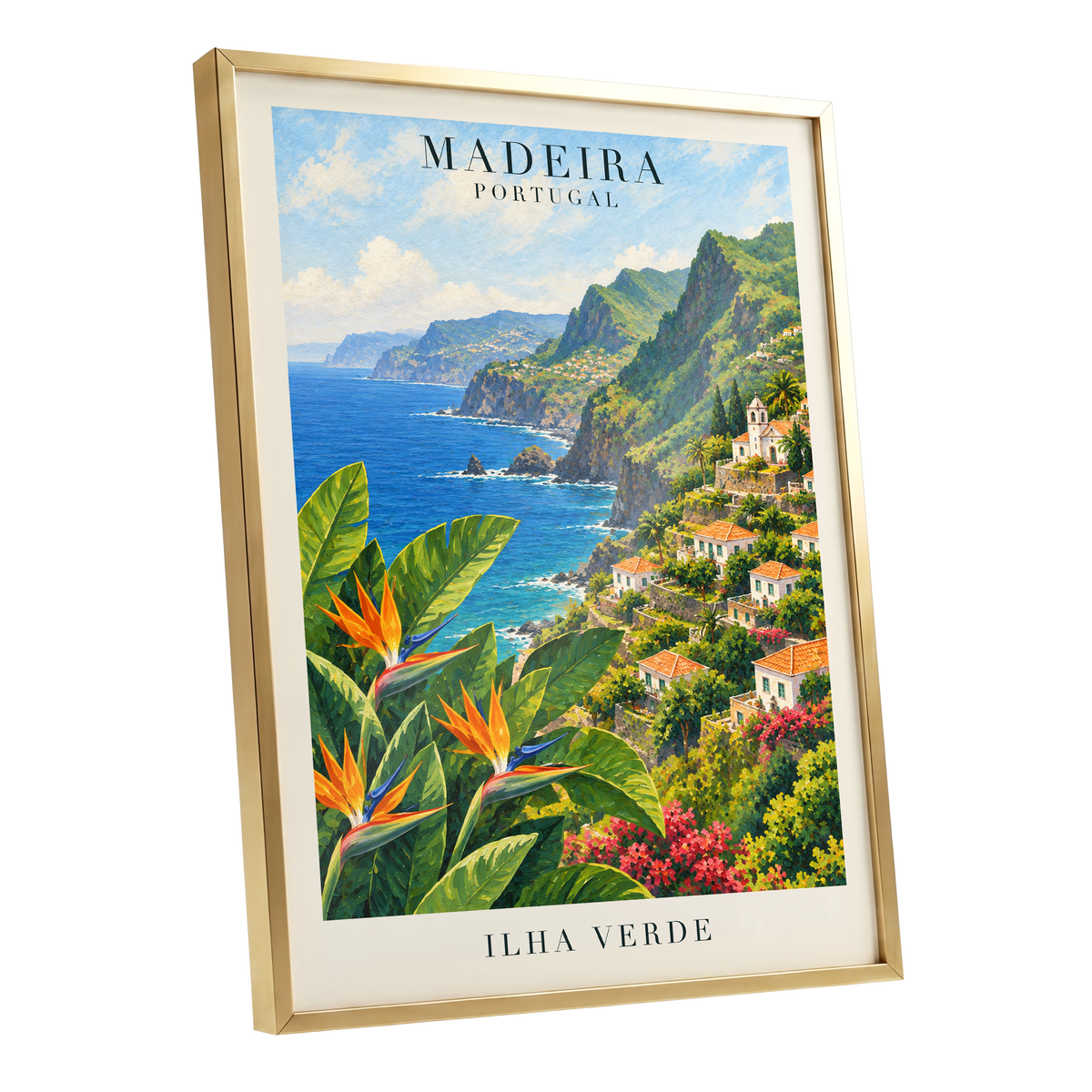 Madeira in Bloom, green, blue, orange nature wall art shown as a gold framed poster wall art print