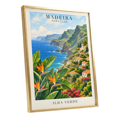 Madeira in Bloom, green, blue, orange nature wall art shown as a gold framed poster wall art print