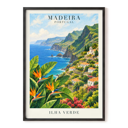 Madeira in Bloom, green, blue, orange nature wall art, front artwork view