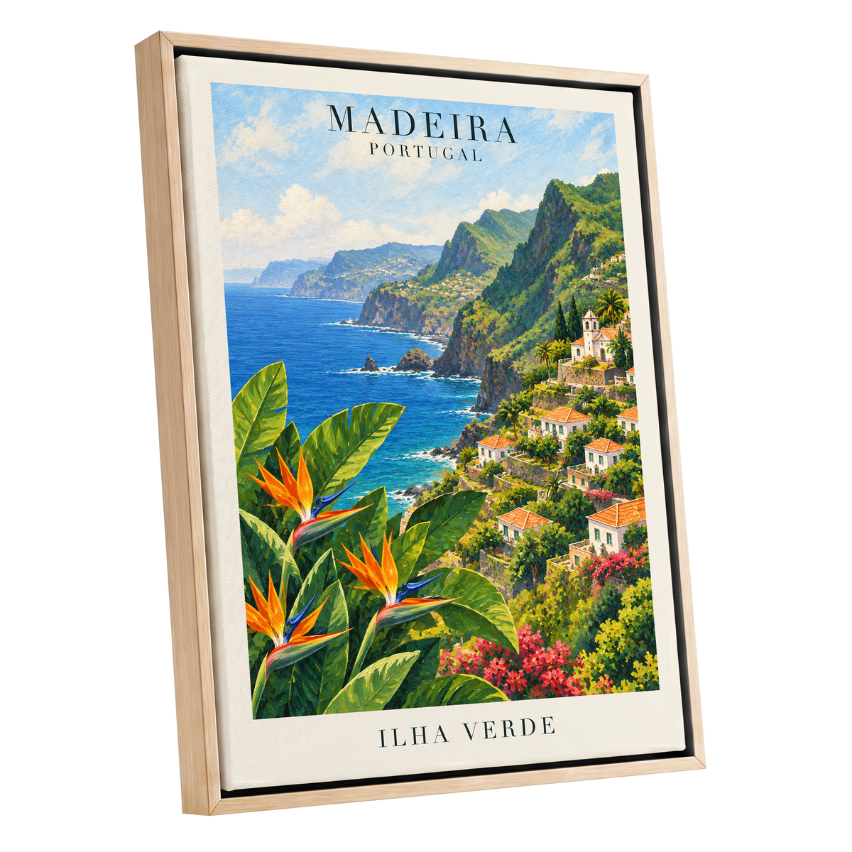 Madeira in Bloom, green, blue, orange nature wall art shown as a oak framed canvas wall art