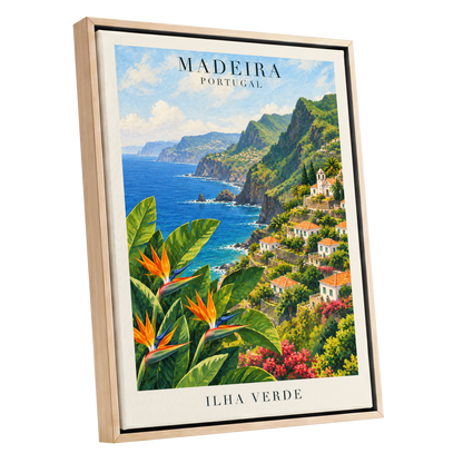 Madeira in Bloom, green, blue, orange nature wall art shown as a oak framed canvas wall art