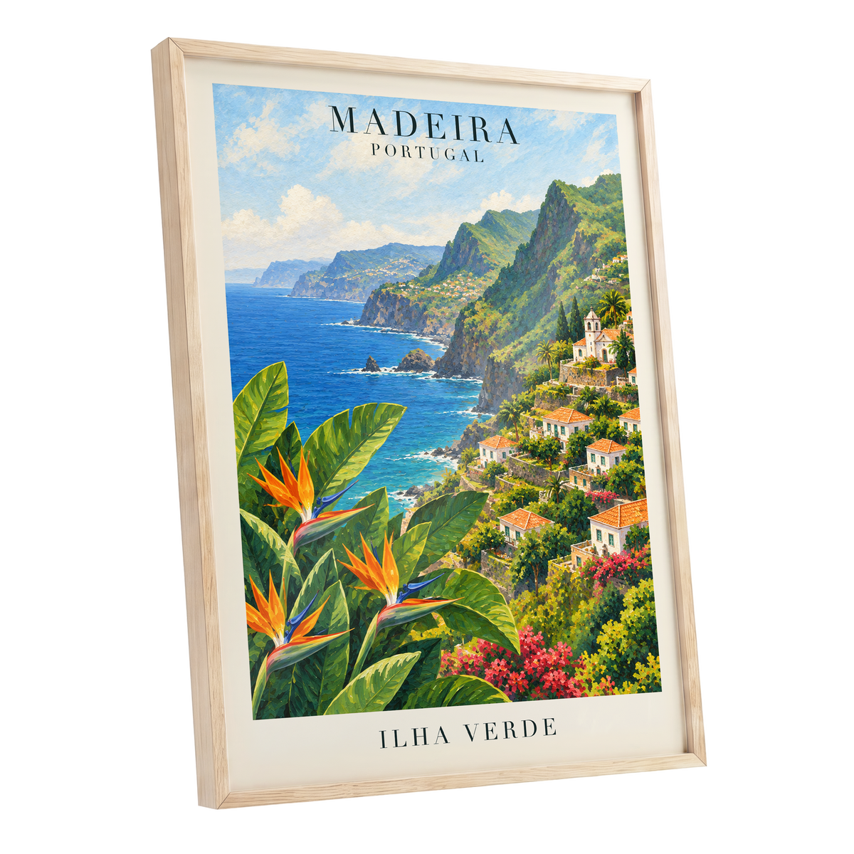 Madeira in Bloom, green, blue, orange nature wall art shown as a oak framed poster wall art print
