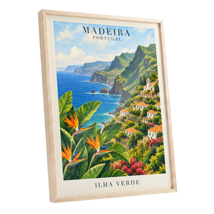Madeira in Bloom, green, blue, orange nature wall art shown as a oak framed poster wall art print