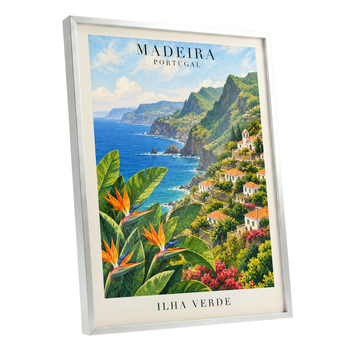 Madeira in Bloom, green, blue, orange nature wall art shown as a silver framed poster wall art print