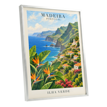Madeira in Bloom, green, blue, orange nature wall art shown as a silver framed poster wall art print