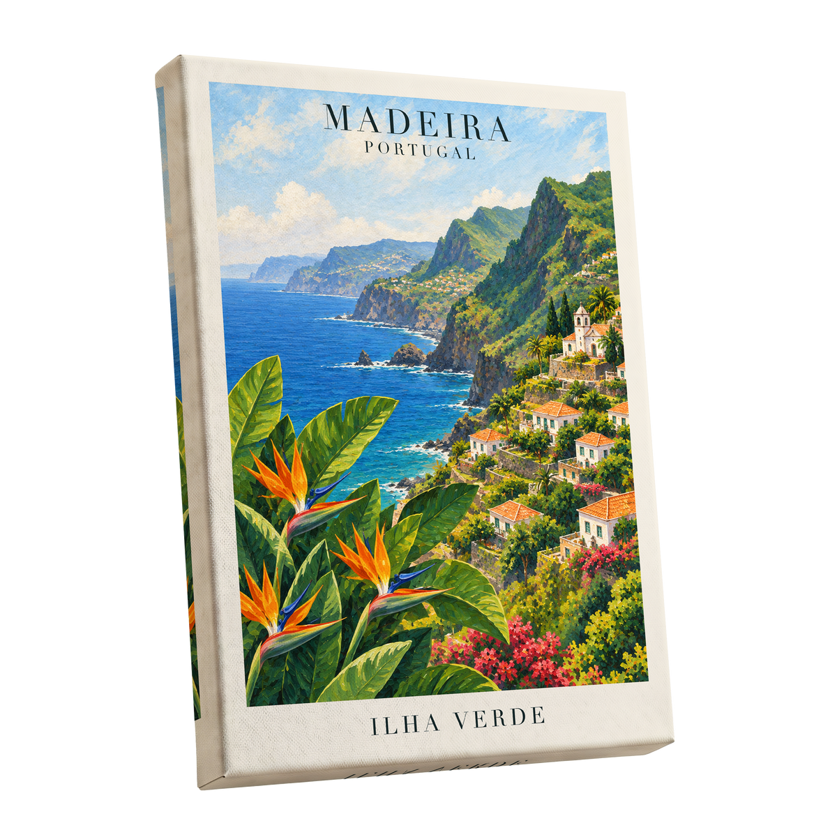 Madeira in Bloom, green, blue, orange nature wall art shown as a stretched canvas wall art
