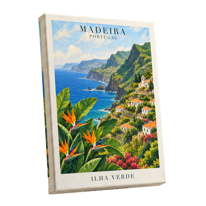 Madeira in Bloom, green, blue, orange nature wall art shown as a stretched canvas wall art