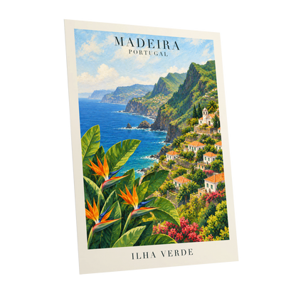 Madeira in Bloom, green, blue, orange nature wall art shown as a unframed poster wall art print