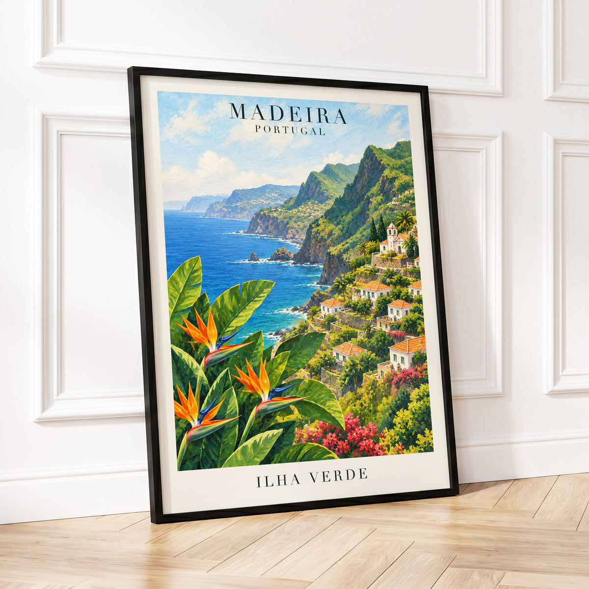 Madeira in Bloom, green, blue, orange nature wall art displayed in a styled interior, gallery view 2