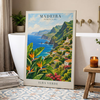 Madeira in Bloom, green, blue, orange nature wall art displayed in a styled interior, gallery view 3