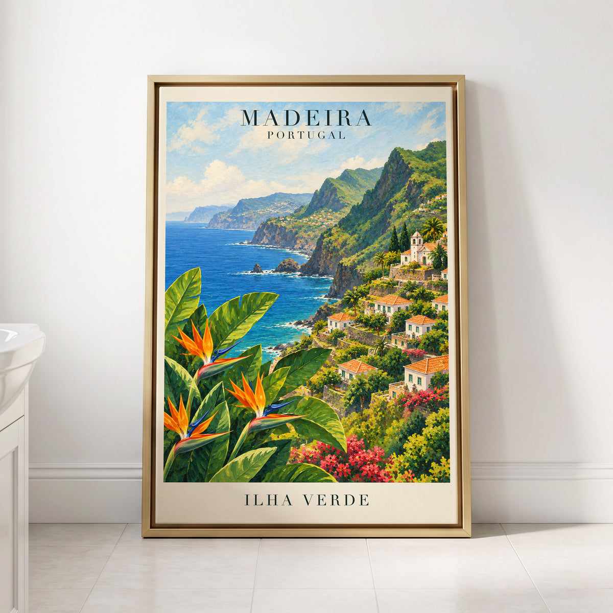 Madeira in Bloom, green, blue, orange nature wall art displayed in a styled interior, gallery view 4