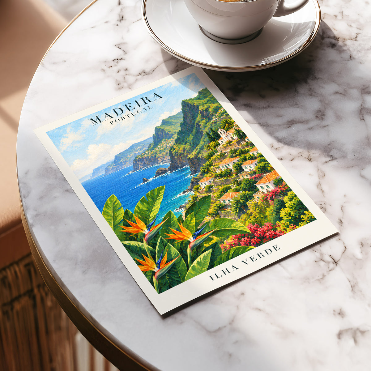 Madeira in Bloom, green, blue, orange nature wall art displayed in a styled interior, gallery view 5