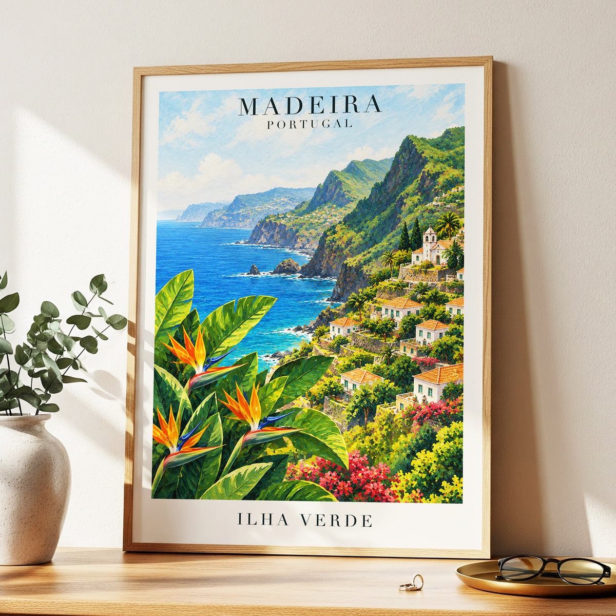 Madeira in Bloom, green, blue, orange nature wall art displayed in a styled interior, gallery view 6