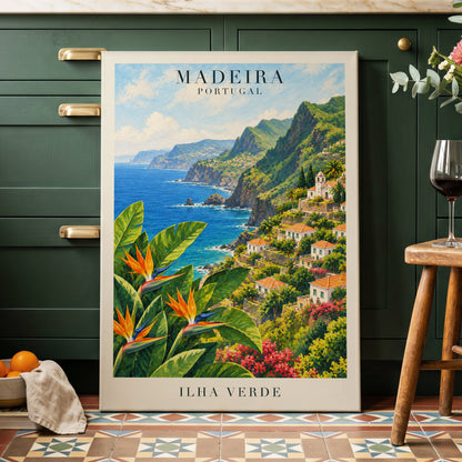 Madeira in Bloom, green, blue, orange nature wall art displayed in a styled interior, gallery view 7