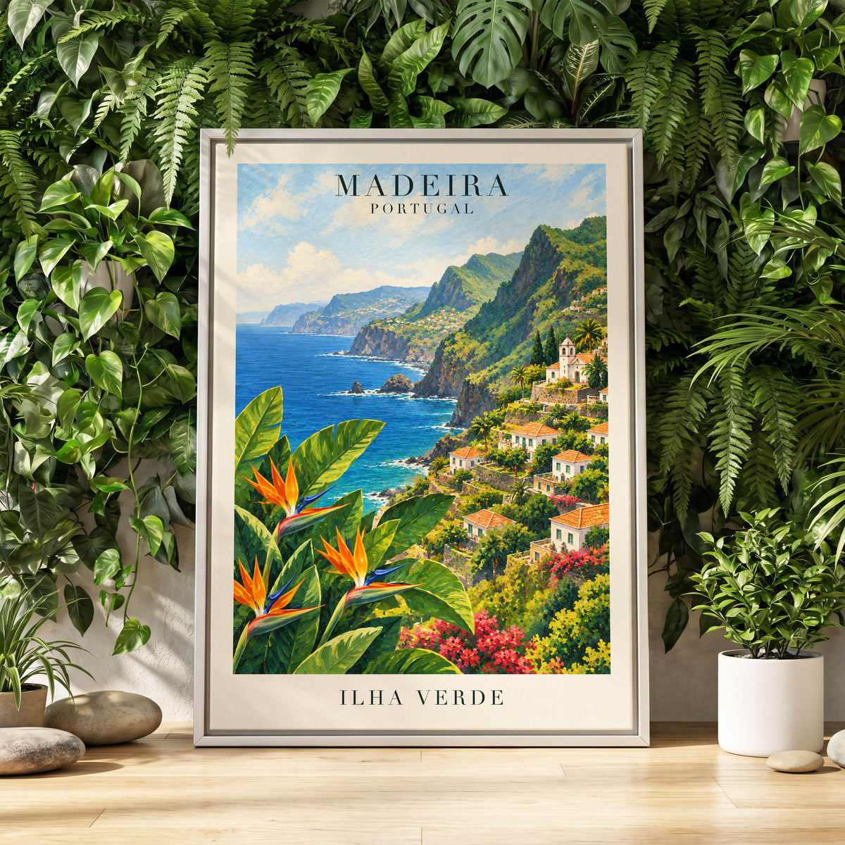 Madeira in Bloom, green, blue, orange nature wall art displayed in a styled interior, gallery view 8