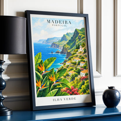 Madeira in Bloom, green, blue, orange nature wall art displayed in a styled interior, gallery view 9