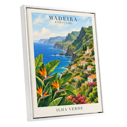 Madeira in Bloom, green, blue, orange nature wall art shown as a white framed canvas wall art
