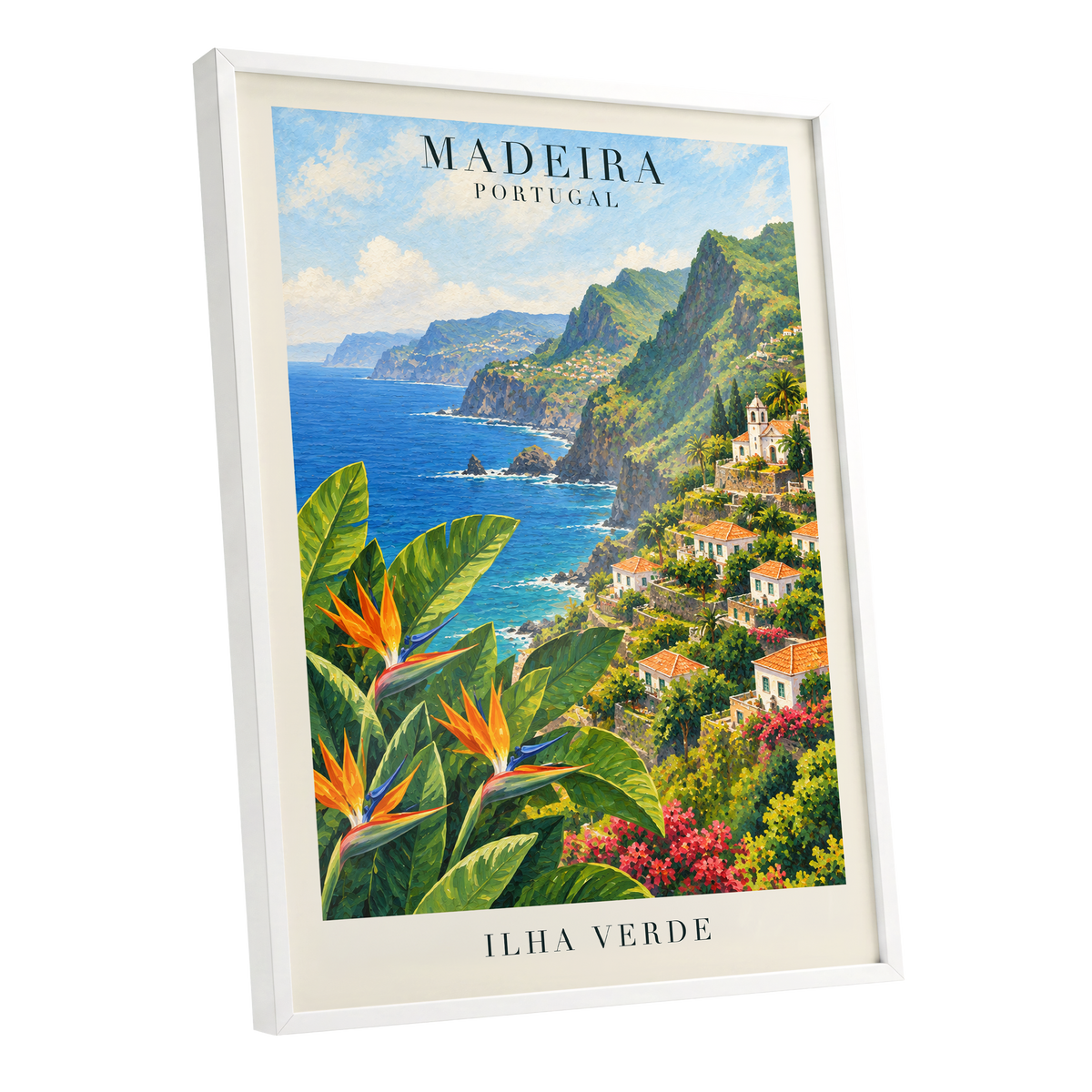 Madeira in Bloom, green, blue, orange nature wall art shown as a white framed poster wall art print