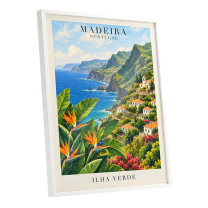 Madeira in Bloom, green, blue, orange nature wall art shown as a white framed poster wall art print