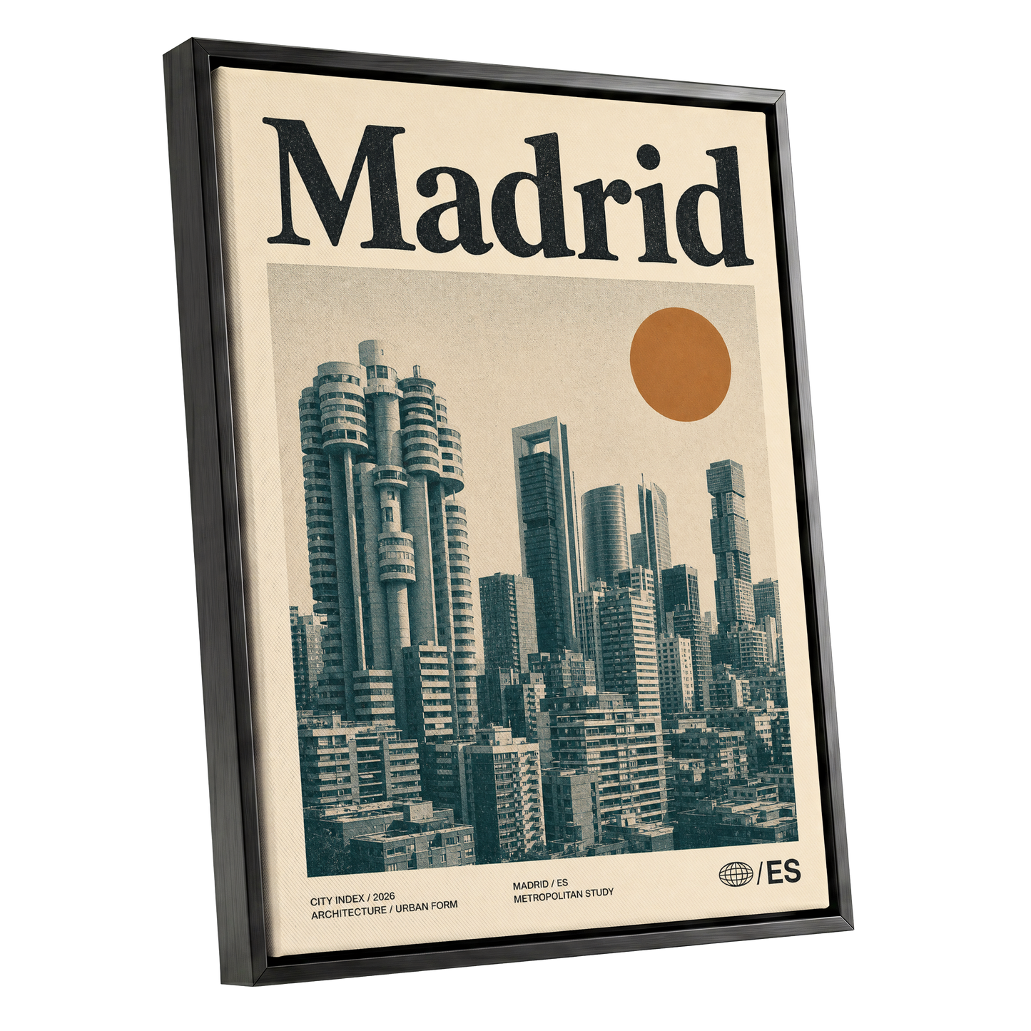 Madrid Metropolis, beige, green, orange minimalist wall art shown as a black framed canvas wall art