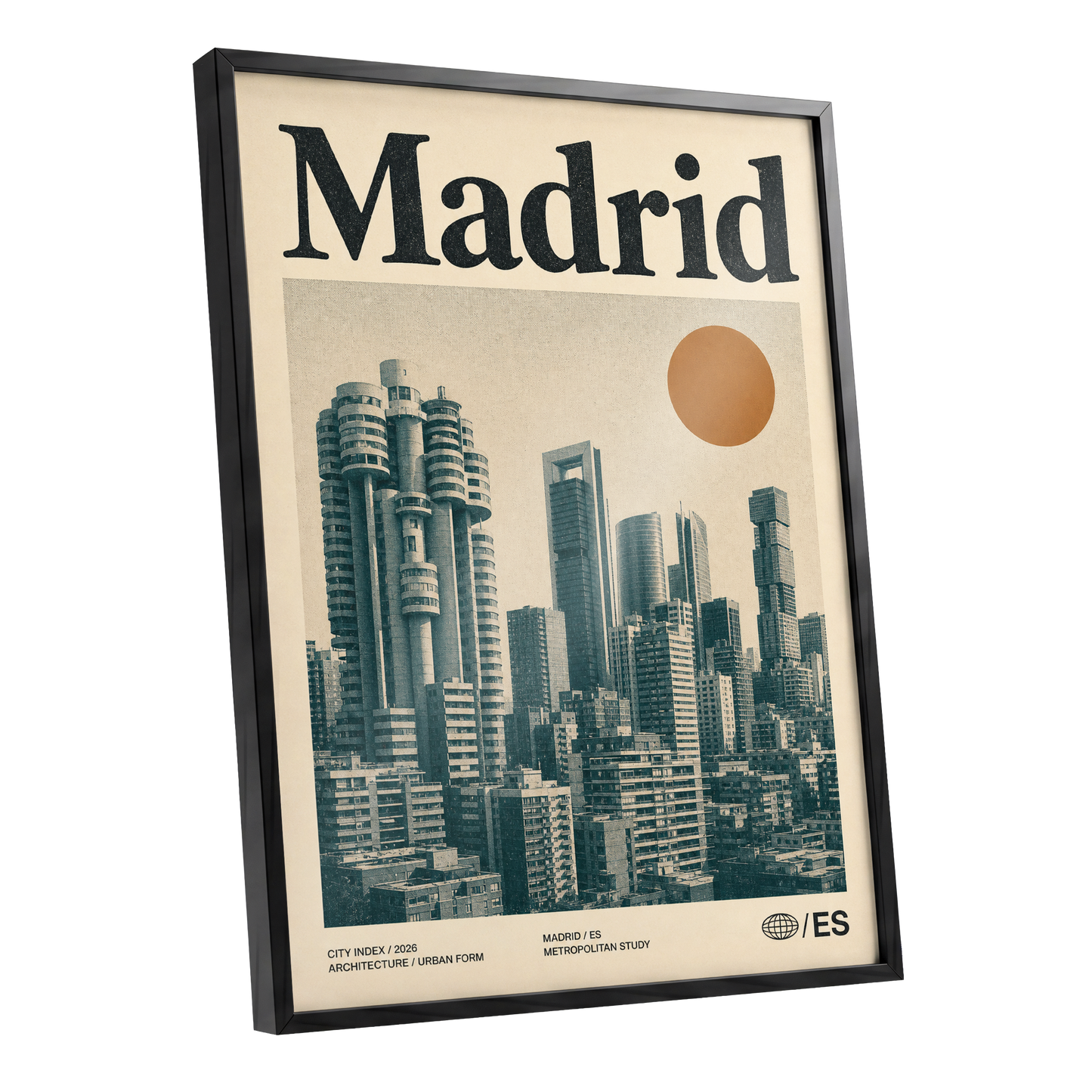 Madrid Metropolis, beige, green, orange minimalist wall art shown as a black framed poster wall art print