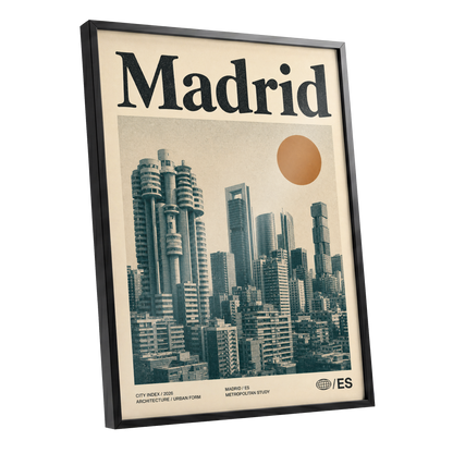 Madrid Metropolis, beige, green, orange minimalist wall art shown as a black framed poster wall art print