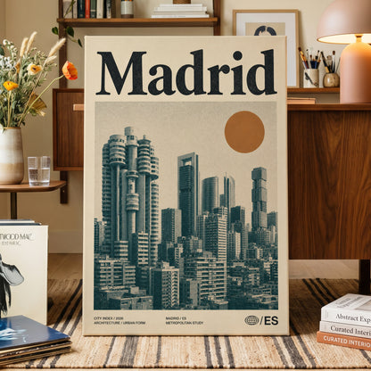 Madrid Metropolis, beige, green, orange minimalist wall art on canvas displayed in a styled interior, gallery view 1