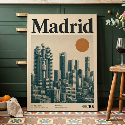 Madrid Metropolis, beige, green, orange minimalist wall art on canvas displayed in a styled interior, gallery view 2