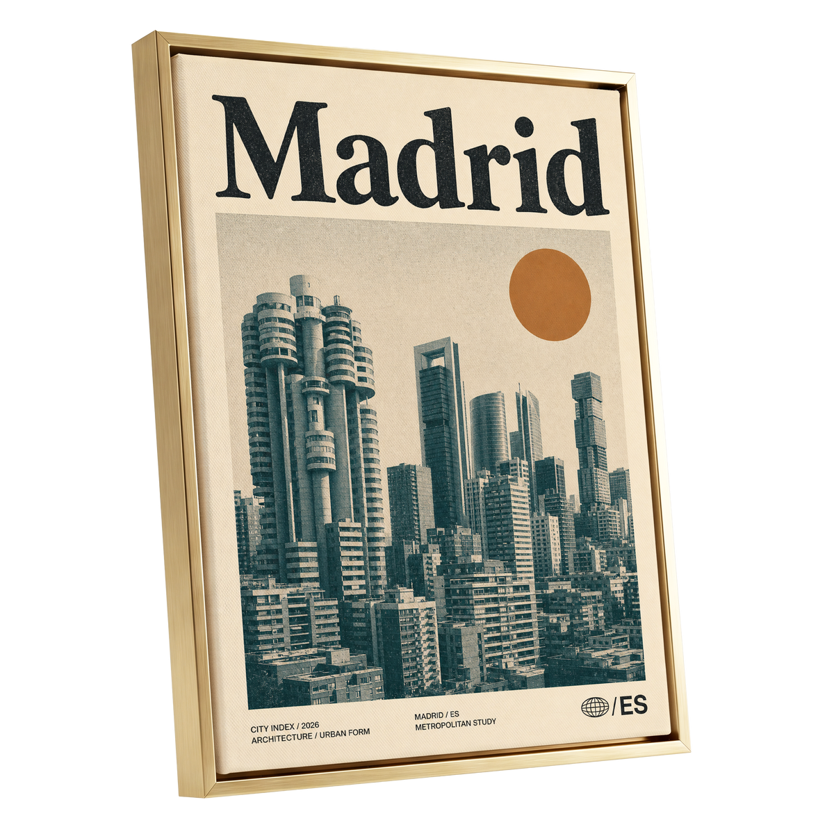 Madrid Metropolis, beige, green, orange minimalist wall art shown as a gold framed canvas wall art