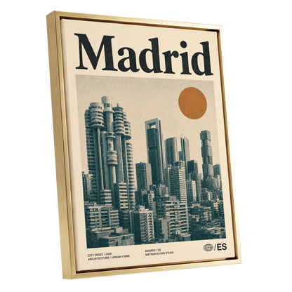 Madrid Metropolis, beige, green, orange minimalist wall art shown as a gold framed canvas wall art
