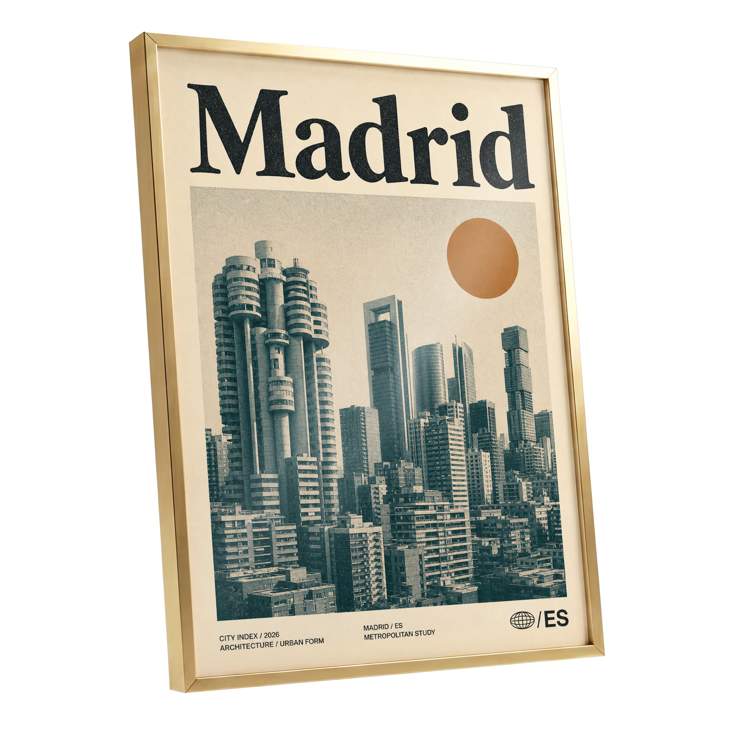 Madrid Metropolis, beige, green, orange minimalist wall art shown as a gold framed poster wall art print