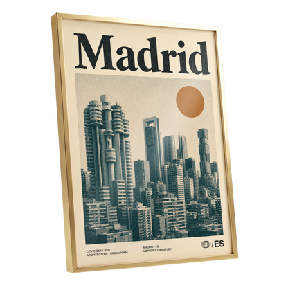 Madrid Metropolis, beige, green, orange minimalist wall art shown as a gold framed poster wall art print