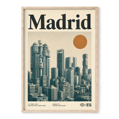 Madrid Metropolis, beige, green, orange minimalist wall art, front artwork view