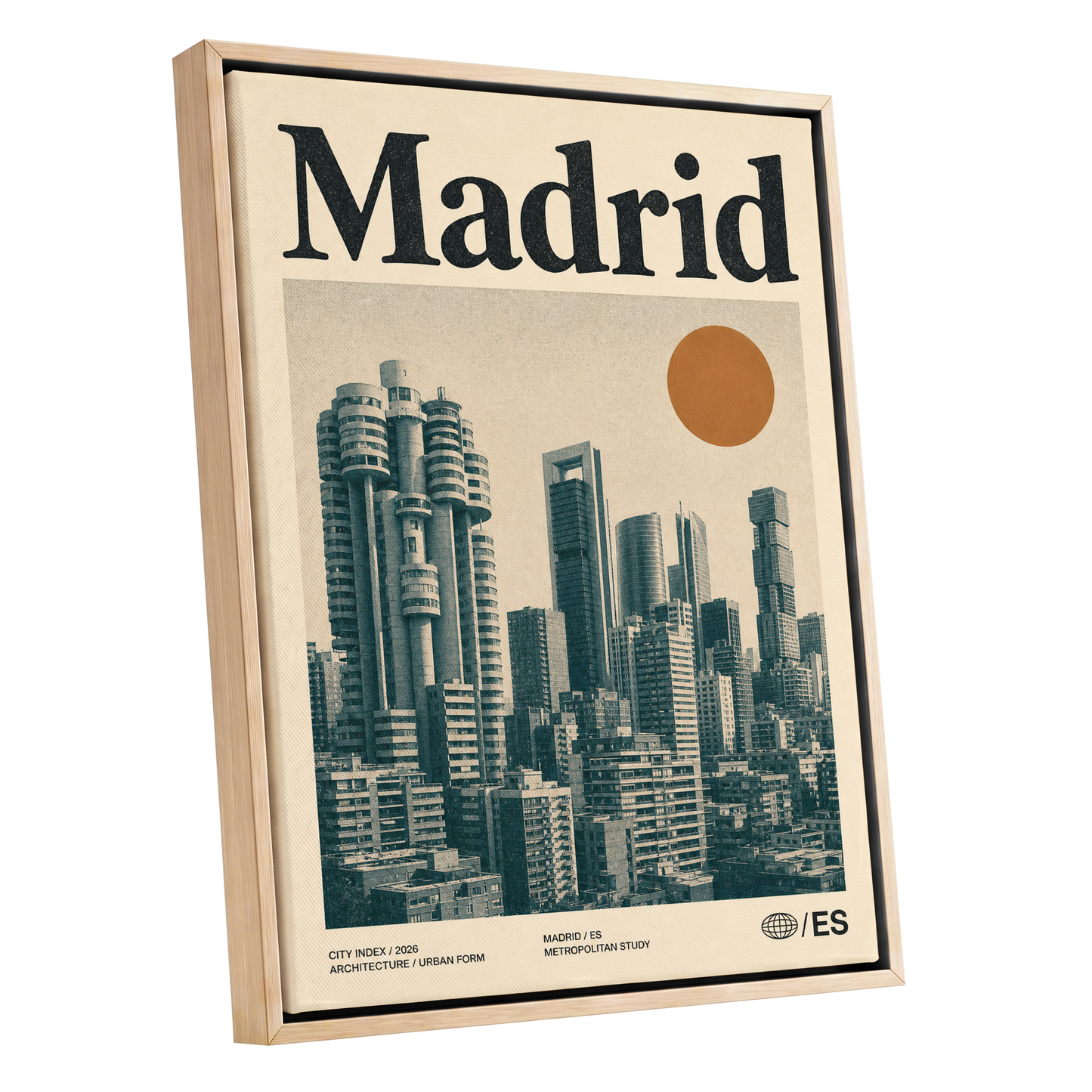 Madrid Metropolis, beige, green, orange minimalist wall art shown as a oak framed canvas wall art