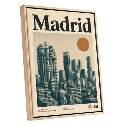 Madrid Metropolis, beige, green, orange minimalist wall art shown as a oak framed canvas wall art