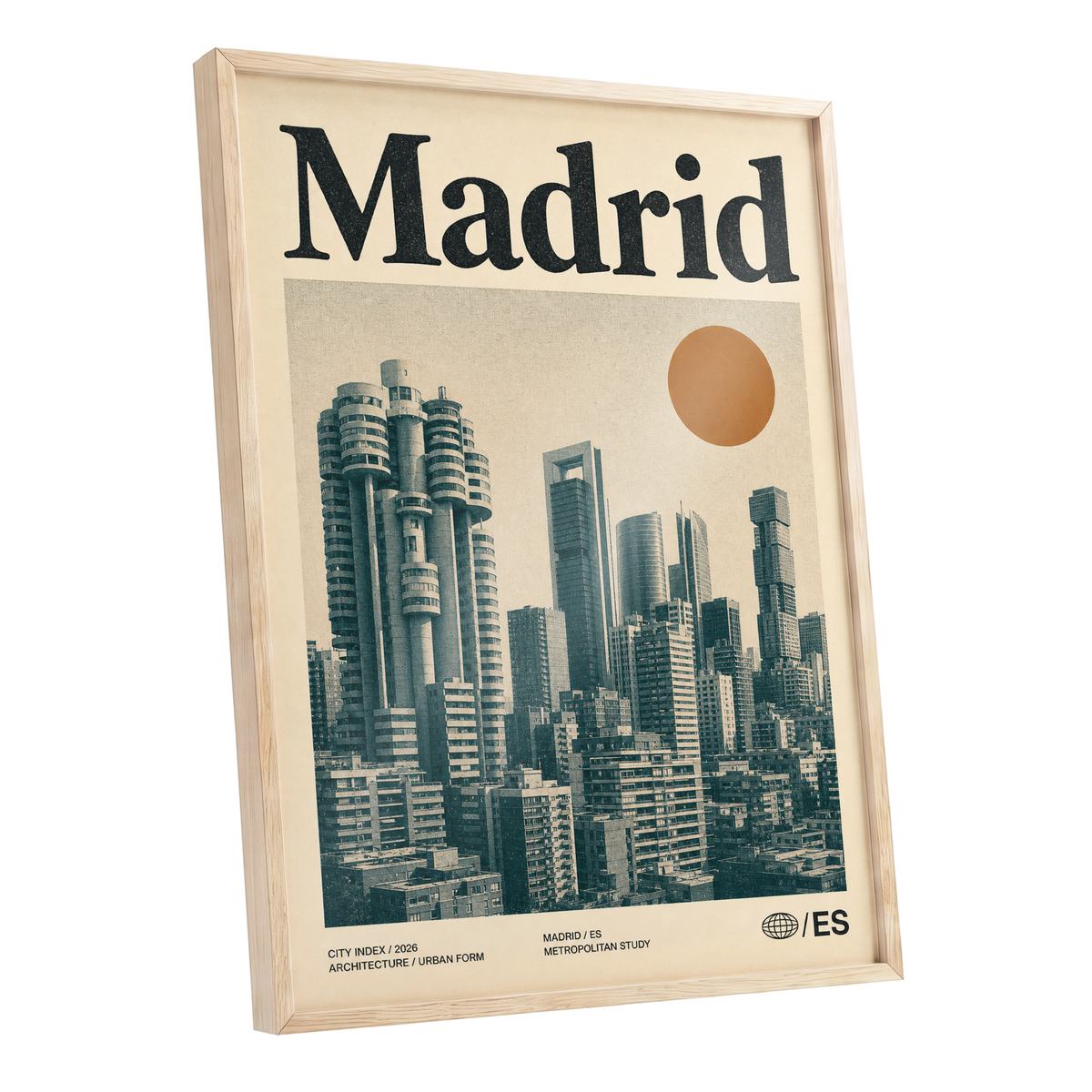Madrid Metropolis, beige, green, orange minimalist wall art shown as a oak framed poster wall art print