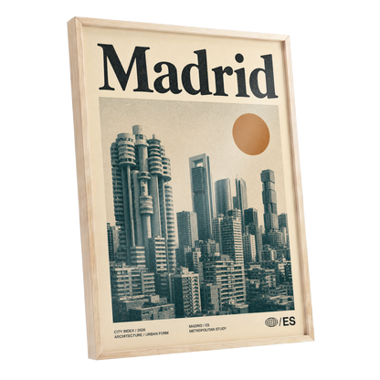 Madrid Metropolis, beige, green, orange minimalist wall art shown as a oak framed poster wall art print