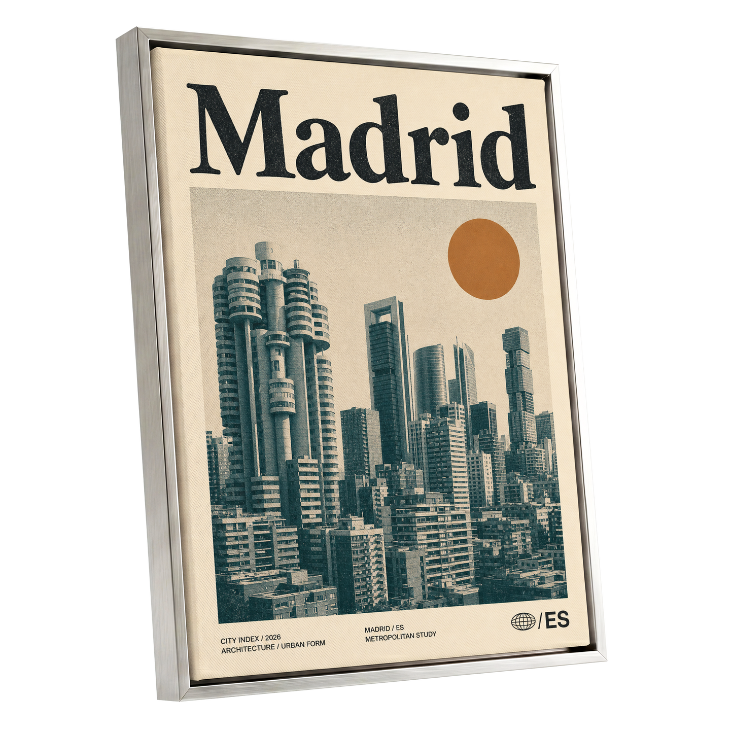 Madrid Metropolis, beige, green, orange minimalist wall art shown as a silver framed canvas wall art