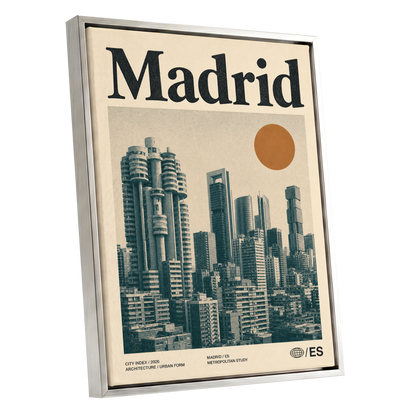 Madrid Metropolis, beige, green, orange minimalist wall art shown as a silver framed canvas wall art