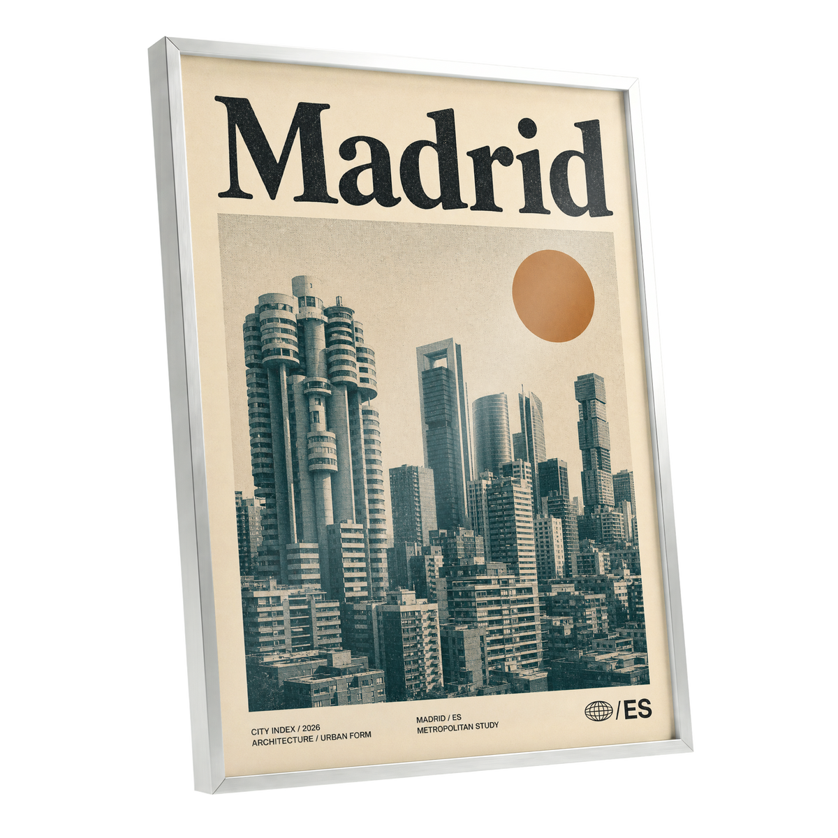 Madrid Metropolis, beige, green, orange minimalist wall art shown as a silver framed poster wall art print