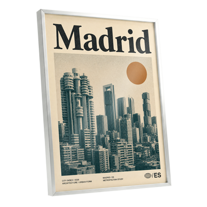 Madrid Metropolis, beige, green, orange minimalist wall art shown as a silver framed poster wall art print