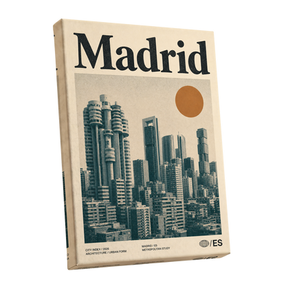 Madrid Metropolis, beige, green, orange minimalist wall art shown as a stretched canvas wall art