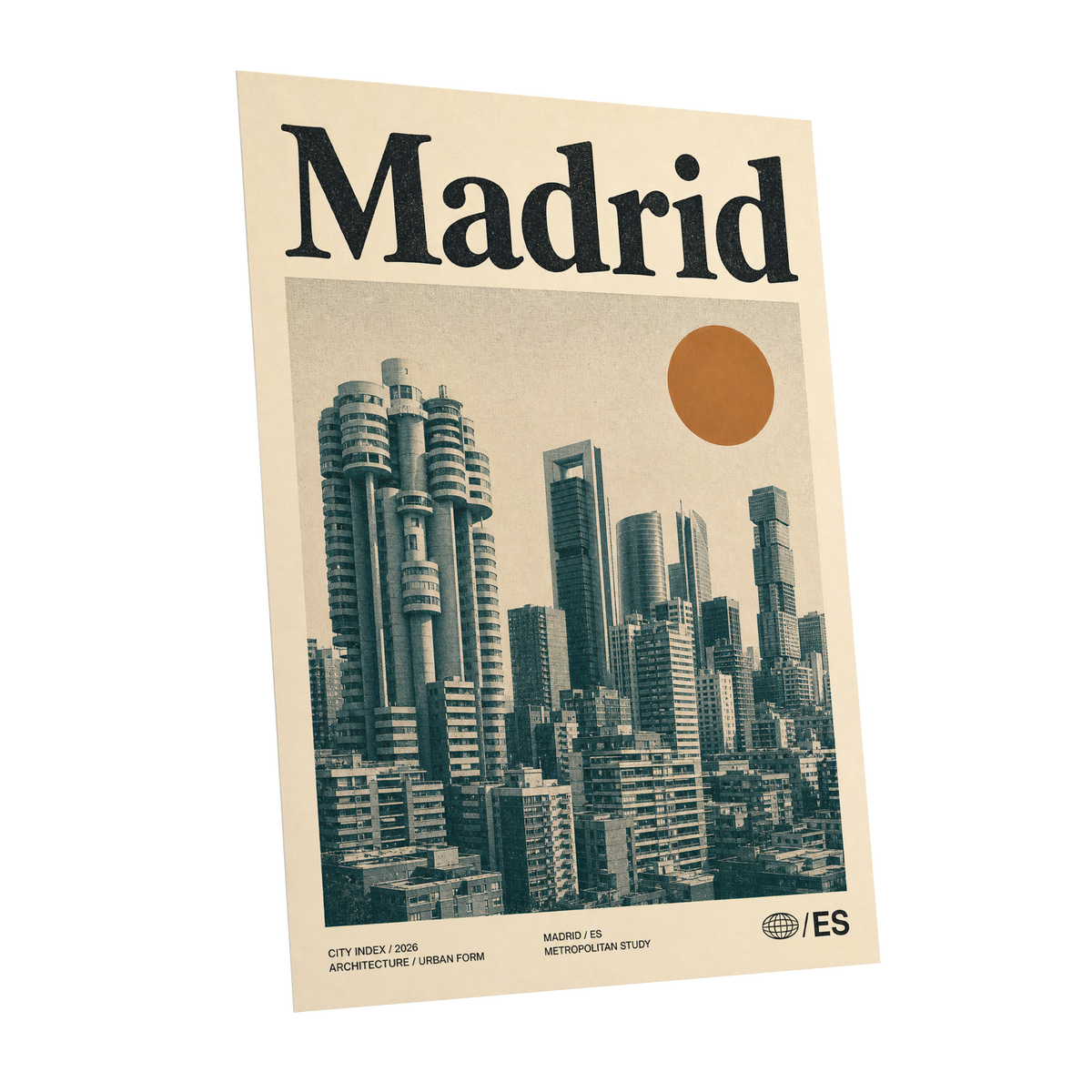 Madrid Metropolis, beige, green, orange minimalist wall art shown as a unframed poster wall art print