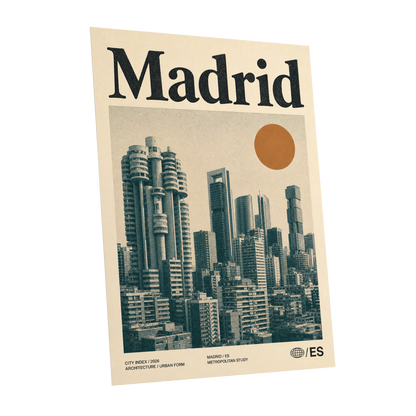 Madrid Metropolis, beige, green, orange minimalist wall art shown as a unframed poster wall art print