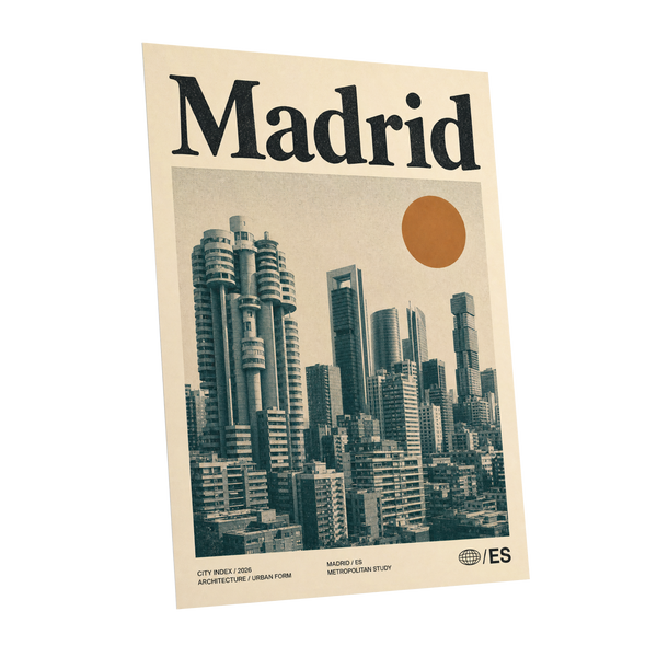 Madrid Metropolis, beige, green, orange minimalist wall art shown as a unframed poster wall art print