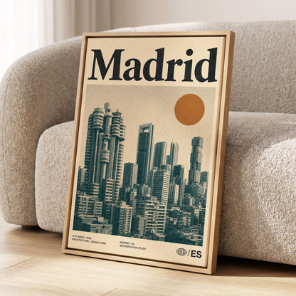 Madrid Metropolis, beige, green, orange minimalist wall art displayed in a styled interior, gallery view 1