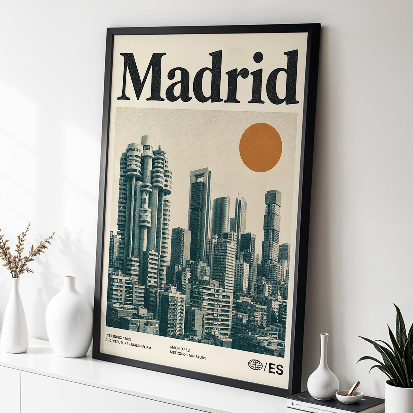 Madrid Metropolis, beige, green, orange minimalist wall art displayed in a styled interior, gallery view 2