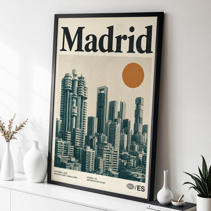 Madrid Metropolis, beige, green, orange minimalist wall art displayed in a styled interior, gallery view 2