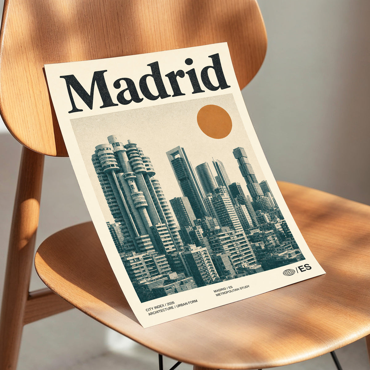 Madrid Metropolis, beige, green, orange minimalist wall art displayed in a styled interior, gallery view 3